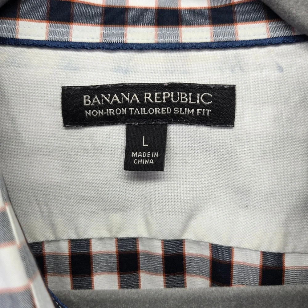 Banana Republic Mens Tailored Slim Fit Non-Iron Gingham Shirt Large Navy‎ Orange